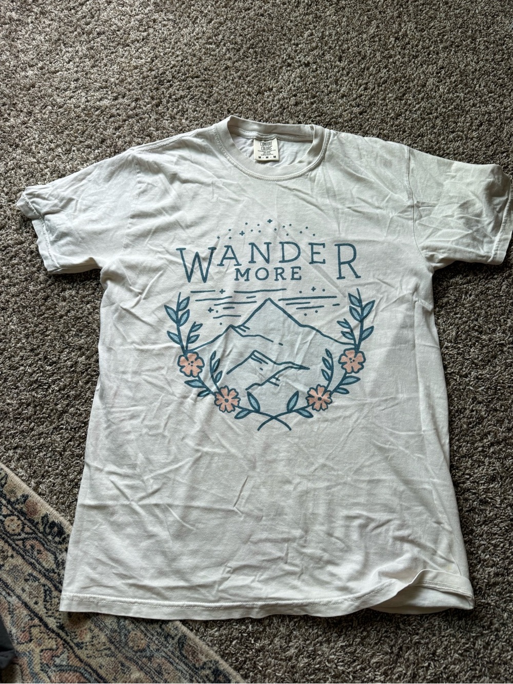 Wander More Graphic Tee - White with Blue & Pink Print